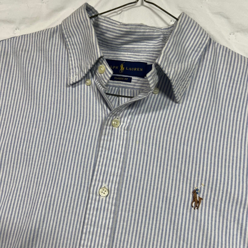 Ralph Lauren Classic Fit Blue White Striped Cotton Button Down Shirt Mens L